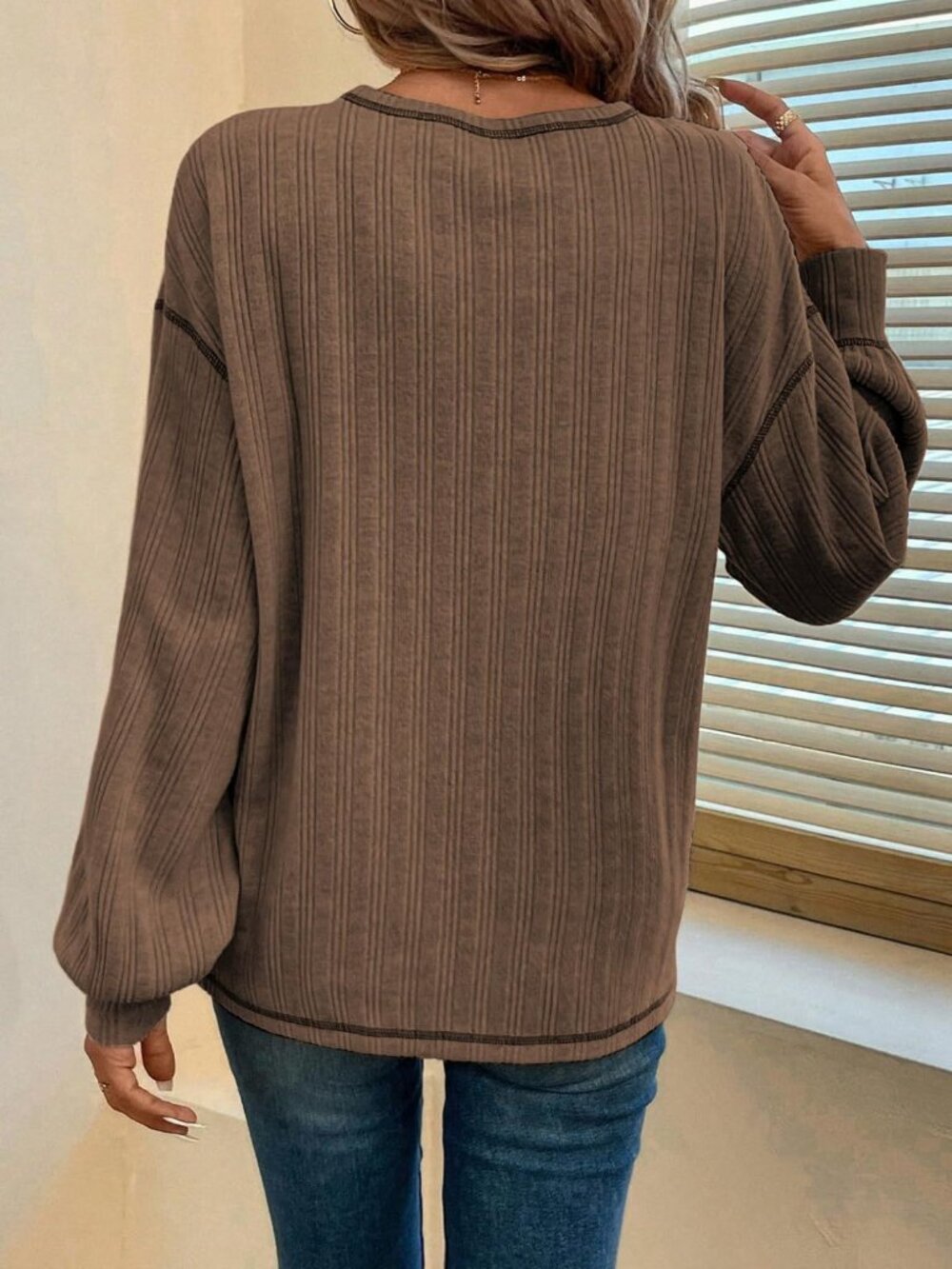 New women's ribbed brushed solid color round neck pocket casual loose T-shirt - Picture 2 of 2